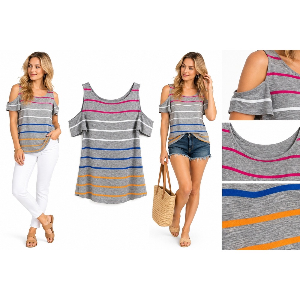 Venus Top S Gray Rainbow Stripe Cold Shoulder Cutout Tee Y2K Summer Beach Casual